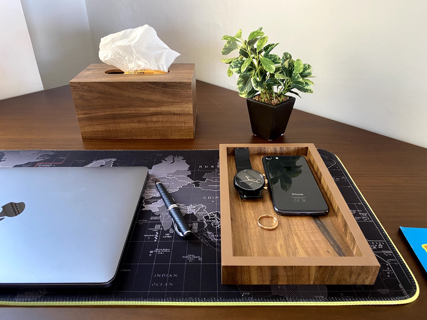Wooden Office Set of Tray, Trash Bin & Tissue Box - Wood Workers Global