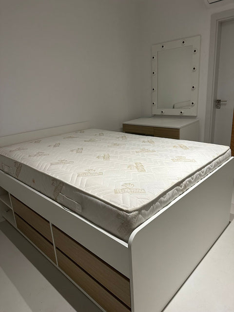 White x Wooden bed with drawers