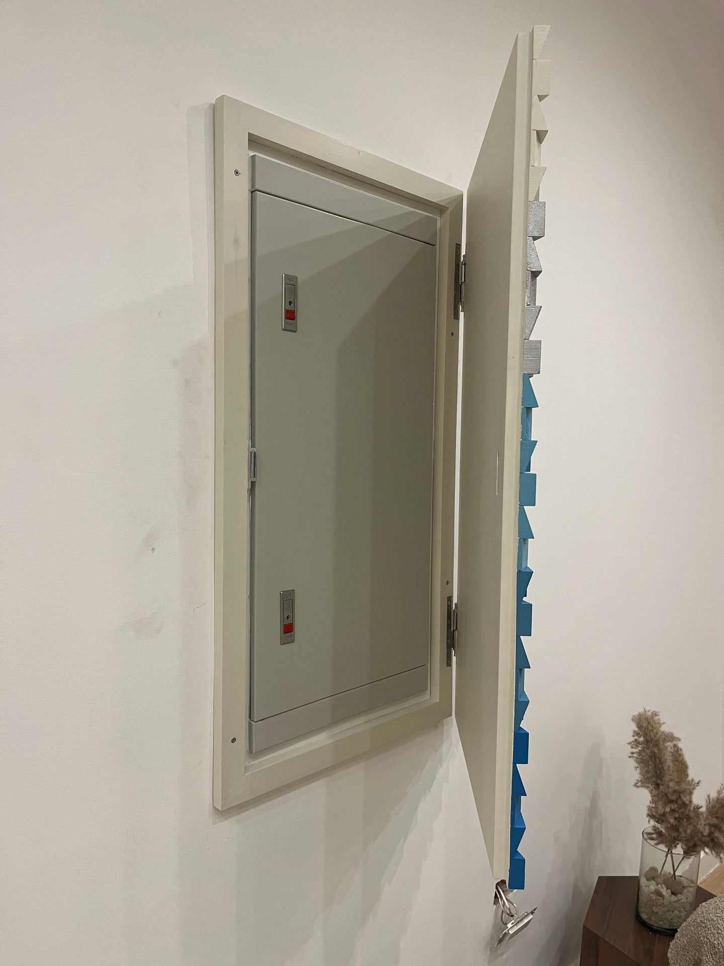 Elegant Wooden Electric Panel Cover – Baby Blue & Silver Wall Art