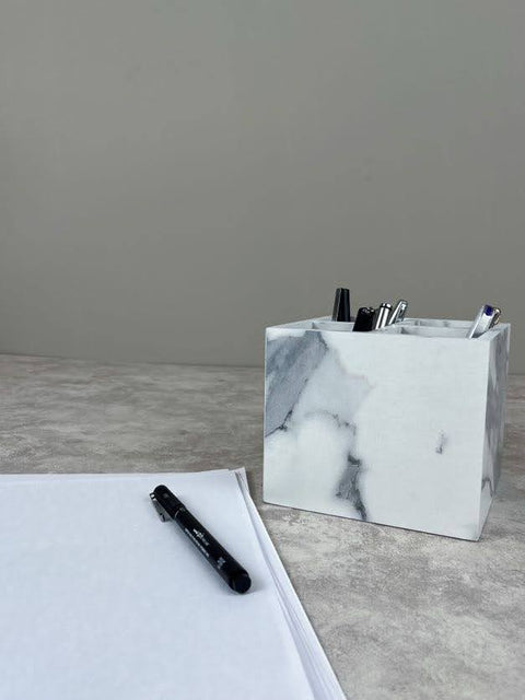 Marble-Textured Wooden Pen Holder – Stylish Desk Accessory