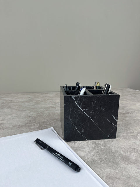 Marble-Textured Wooden Pen Holder – Stylish Desk Accessory