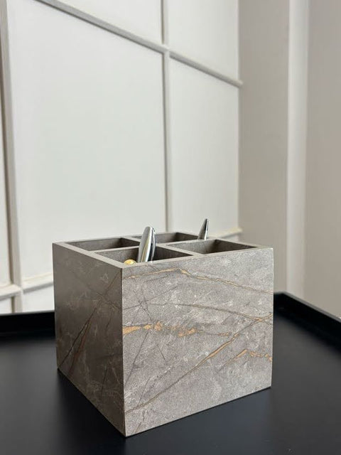 Marble-Textured Wooden Pen Holder – Stylish Desk Accessory