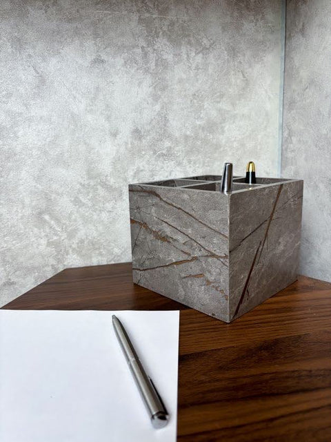 Marble-Textured Wooden Pen Holder – Stylish Desk Accessory