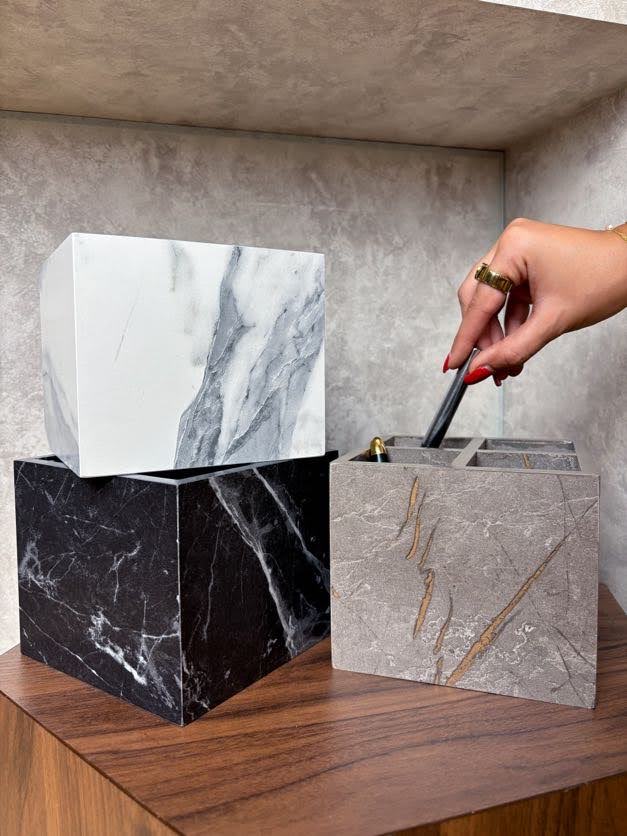Marble-Textured Wooden Pen Holder – Stylish Desk Accessory