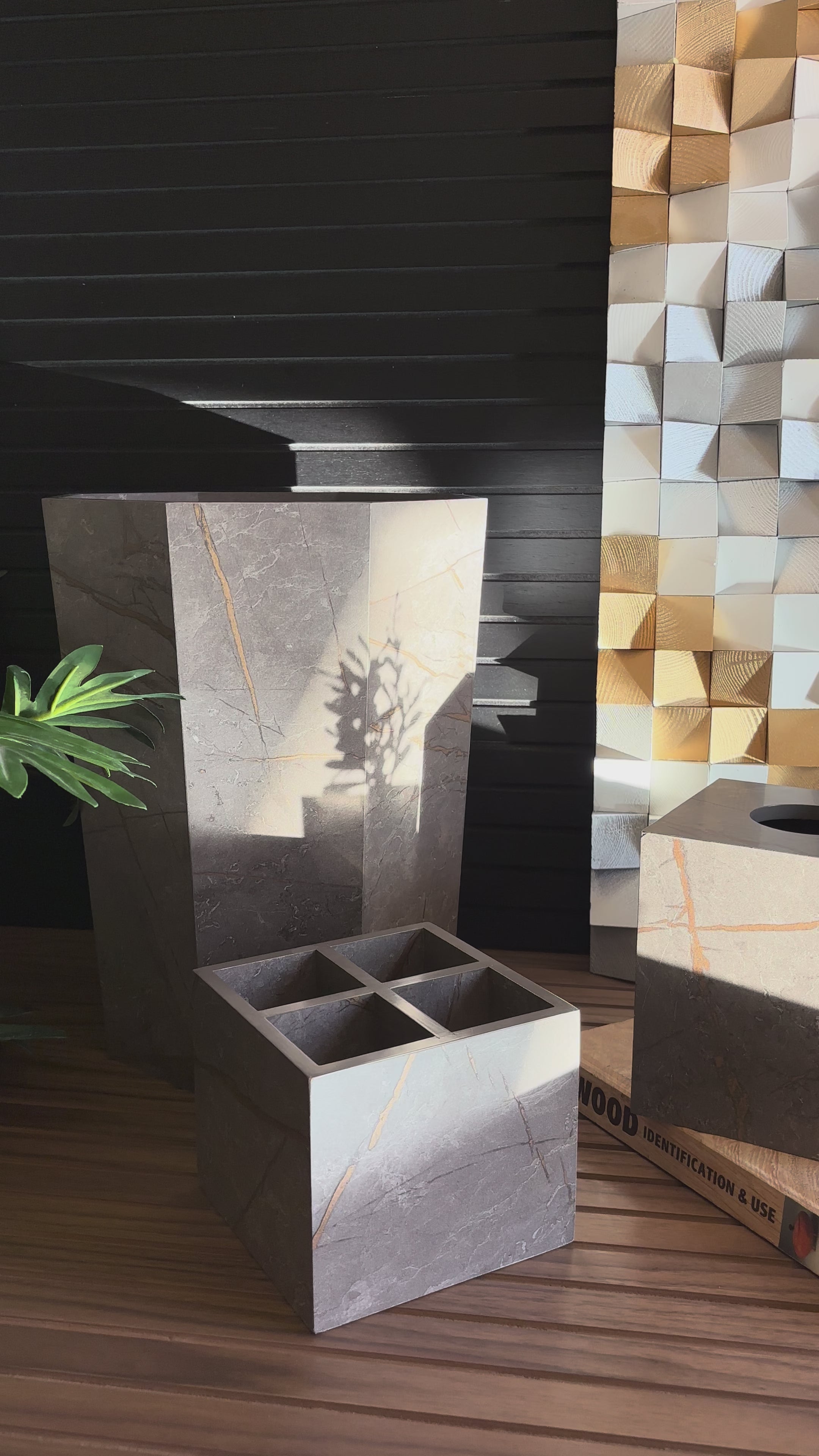 Marble-Textured Wooden Pen Holder – Stylish Desk Accessory