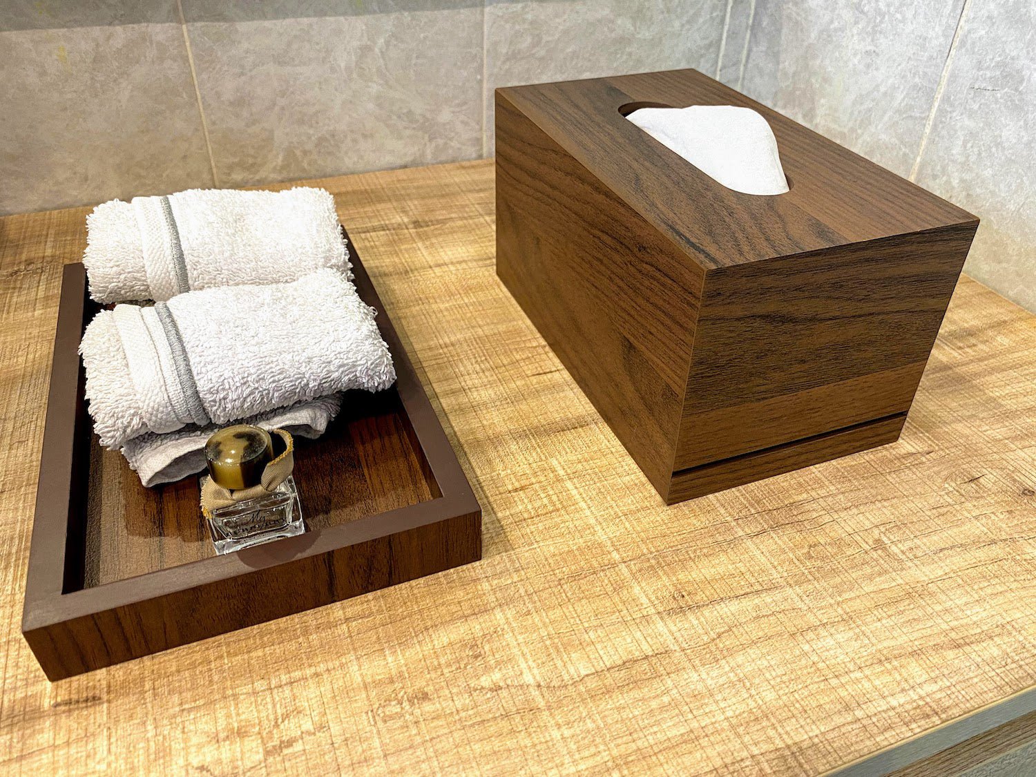 Wooden Bathroom Set (Tray - Trash - Tissue box) - Wood Workers Global